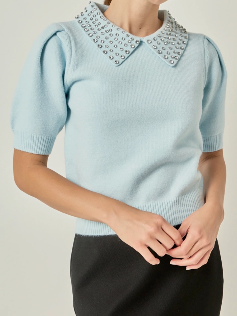 English Factory Light Blue Studded Peter Pan Collar Short Sleeve Sweater